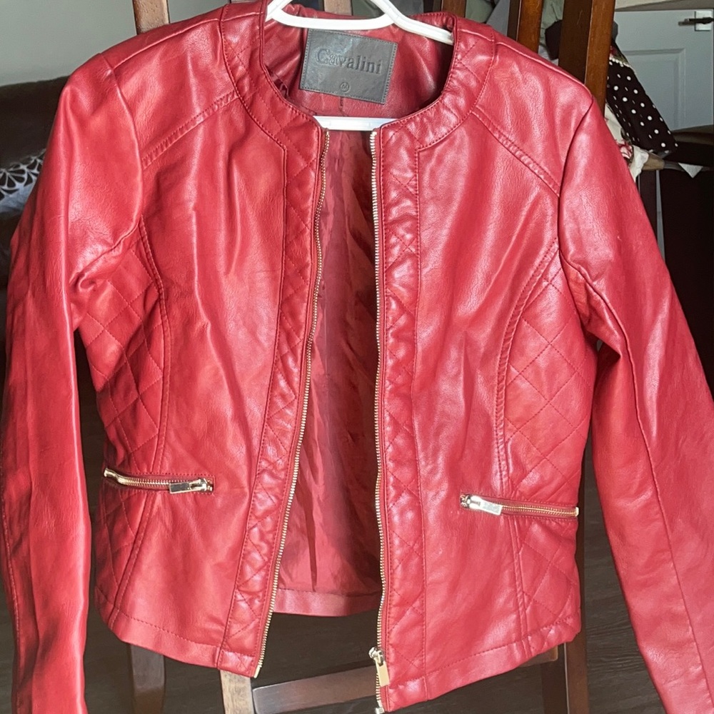 Red leather jacket.